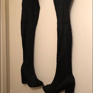 Black thigh high open toe chunky boot NWOT